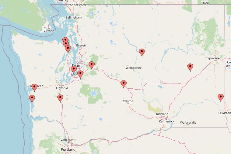 Map of Third Place grant award recipient locations across Washington State