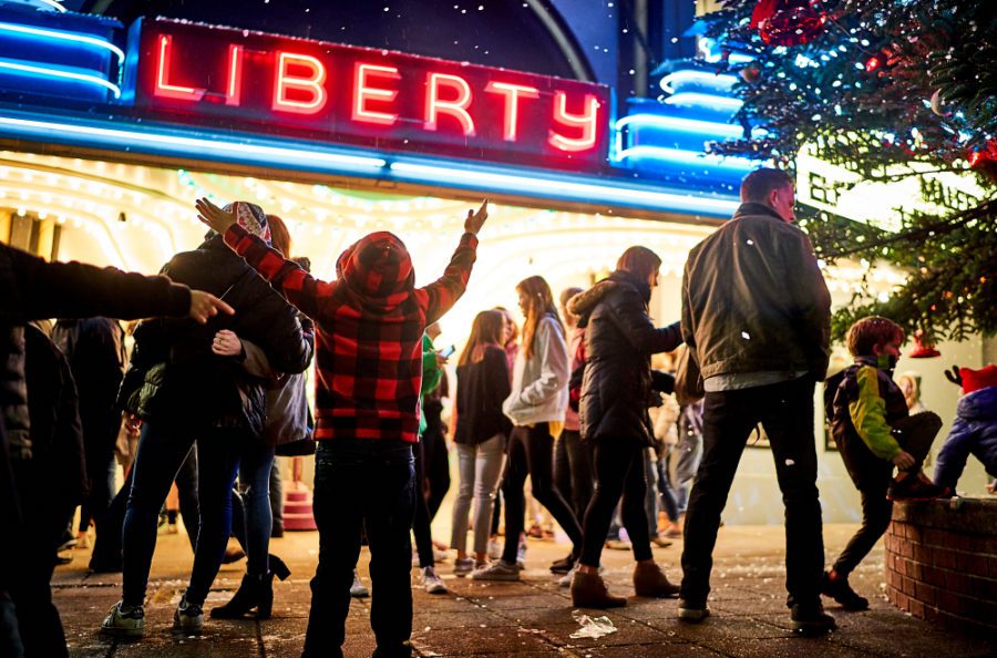 Tree lighting in front of Liberty Theater in Downtown Camas